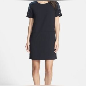 Halogen Embellished Sequined Shoulder Shifts Dress Black.